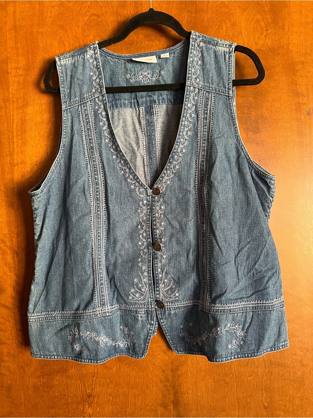 Denim&Co Embroidered Jean Vest in Blue with Red Logo Detail